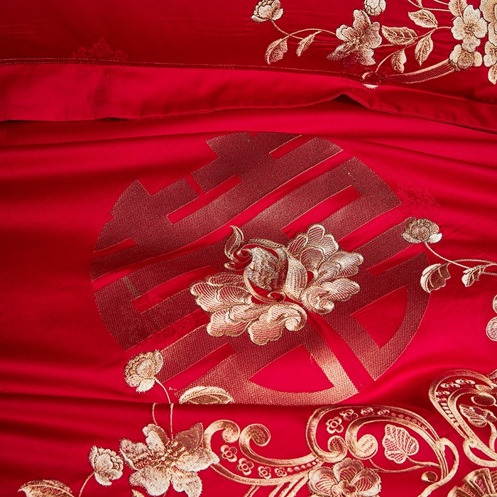 91家纺网 家纺一手货源 找家纺 2025新款长绒棉长绒棉贡缎提花款新中式古典韵味精美刺绣婚庆四件套多件套 牵手一生-金