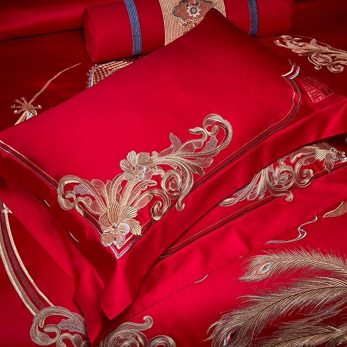 91家纺网 家纺一手货源 找家纺 2025新款长绒棉长绒棉贡缎提花款新中式古典韵味精美刺绣婚庆四件套多件套 龙凤团圆