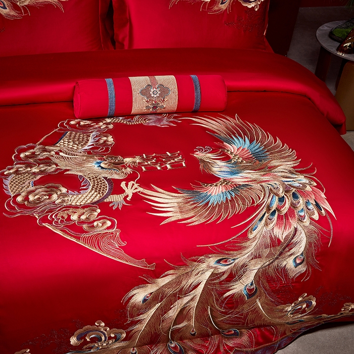 91家纺网 家纺一手货源 找家纺 2025新款长绒棉长绒棉贡缎提花款新中式古典韵味精美刺绣婚庆四件套多件套 龙腾凤跃