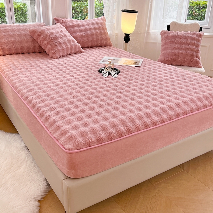 91家纺网 家纺一手货源 找家纺 梦舒羽 2025新款兔毛绒床笠水晶绒床垫保护套牛奶绒床垫套 云梦粉