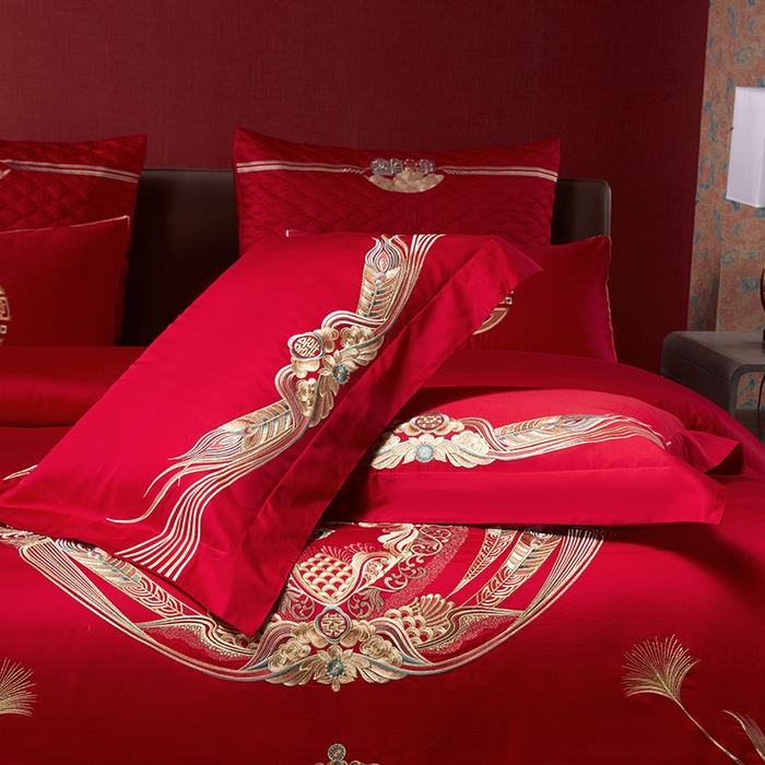 91家纺网 家纺一手货源 找家纺 2025新款长绒棉长绒棉贡缎提花款新中式古典韵味精美刺绣婚庆四件套多件套 喜满天下-