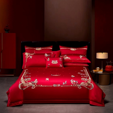 91家纺网 家纺一手货源 找家纺 （总）2025新款长绒棉长绒棉贡缎提花款新中式古典韵味精美刺绣婚庆四件套多件套