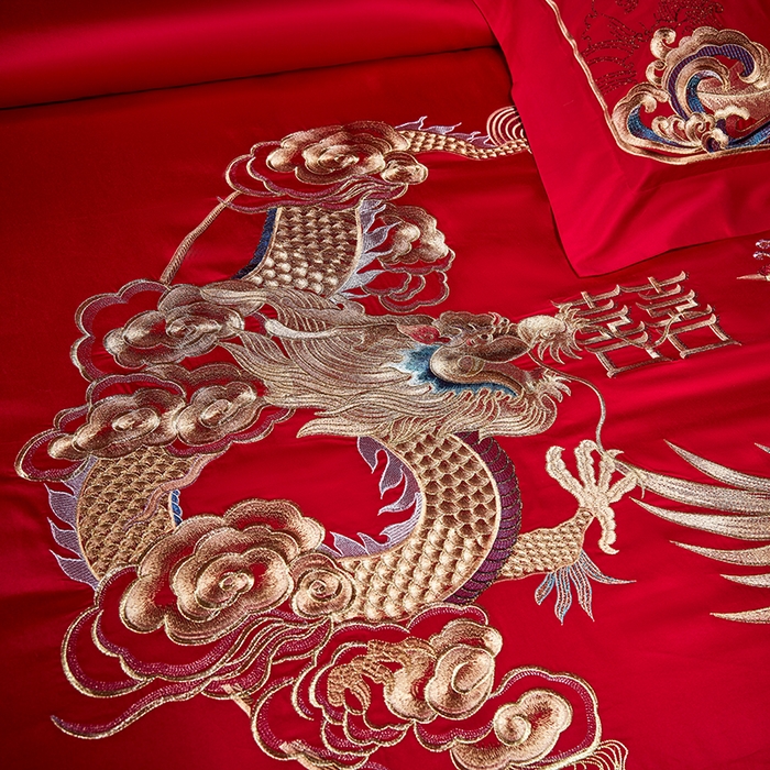 91家纺网 家纺一手货源 找家纺 2025新款长绒棉长绒棉贡缎提花款新中式古典韵味精美刺绣婚庆四件套多件套 龙腾凤跃