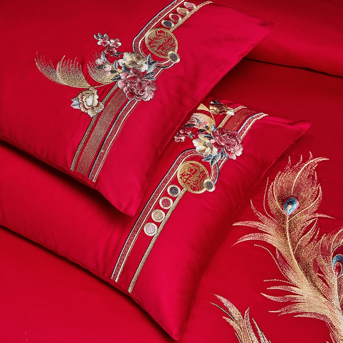 91家纺网 家纺一手货源 找家纺 2025新款长绒棉长绒棉贡缎提花款新中式古典韵味精美刺绣婚庆四件套多件套 龙凤喜缘