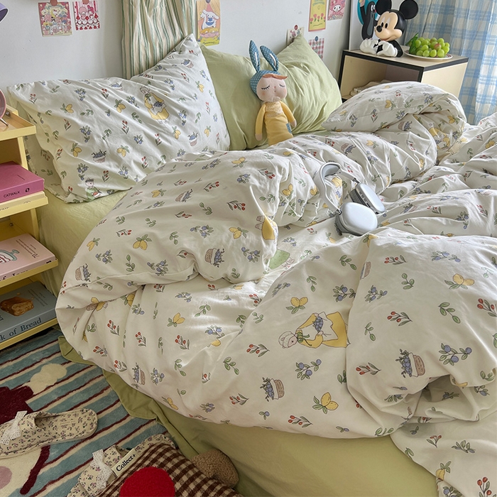 91家纺网 家纺一手货源 找家纺 原素 2024学生季专属A类水洗棉印花四件套 田园姑娘