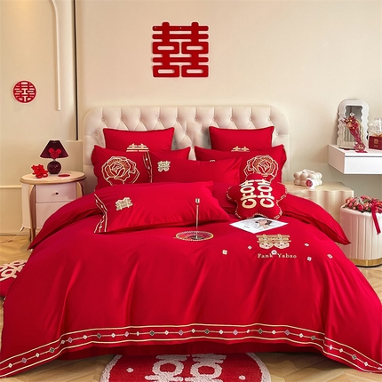 91家纺网 家纺一手货源 找家纺 甜咪咪婚庆 2024新品婚庆结婚刺绣新中式全棉四件套多件套 幸福一生