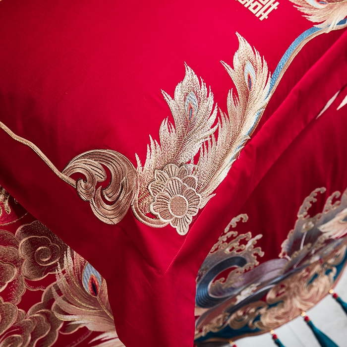 91家纺网 家纺一手货源 找家纺 2025新款长绒棉长绒棉贡缎提花款新中式古典韵味精美刺绣婚庆四件套多件套 龙凤吉祥