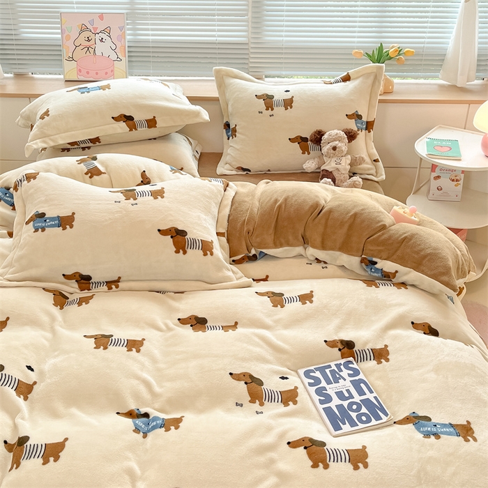 91家纺网 家纺一手货源 找家纺 2024新款A类AB版加厚保暖双面牛奶绒印花四件套--小清新系列 小狗