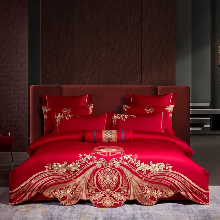 91家纺网 家纺一手货源 找家纺 2025新款长绒棉长绒棉贡缎提花款新中式古典韵味精美刺绣婚庆四件套多件套 牵手一生-金