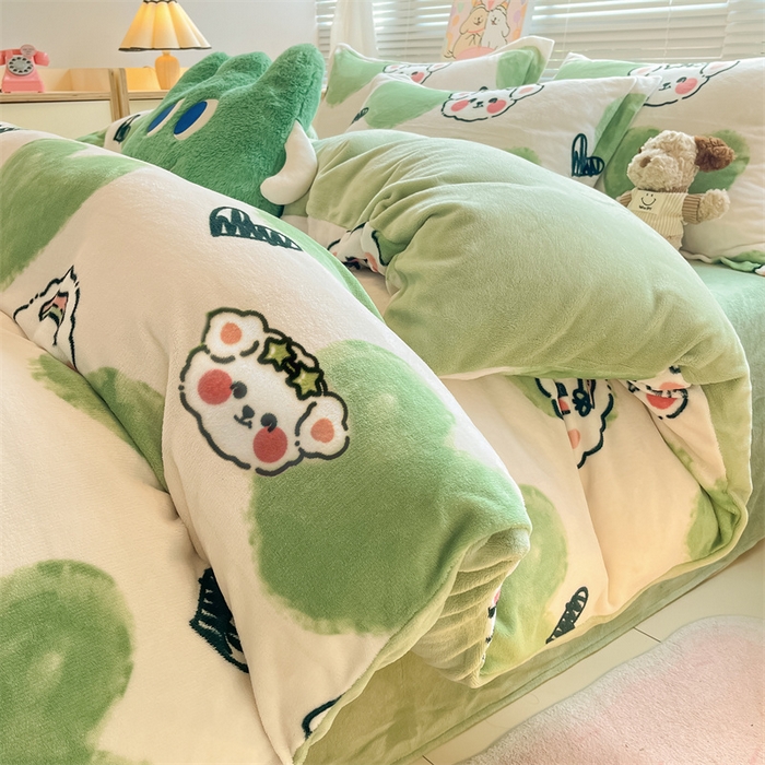 91家纺网 家纺一手货源 找家纺 2024新款A类AB版加厚保暖双面牛奶绒印花四件套--小清新系列 微笑动物