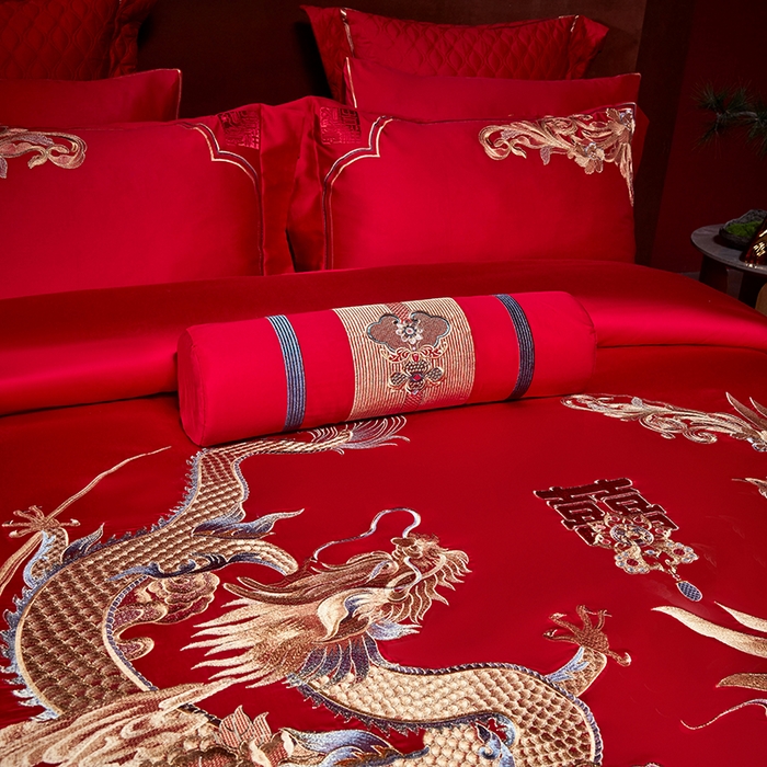 91家纺网 家纺一手货源 找家纺 2025新款长绒棉长绒棉贡缎提花款新中式古典韵味精美刺绣婚庆四件套多件套 龙凤团圆
