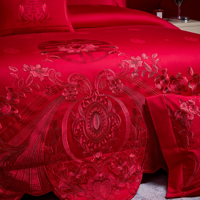 91家纺网 家纺一手货源 找家纺 2025新款长绒棉长绒棉贡缎提花款新中式古典韵味精美刺绣婚庆四件套多件套 牵手一生-红