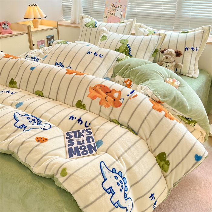 91家纺网 家纺一手货源 找家纺 2024新款A类AB版加厚保暖双面牛奶绒印花四件套--小清新系列 小龟