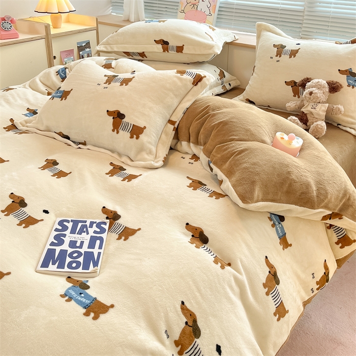 91家纺网 家纺一手货源 找家纺 2024新款A类AB版加厚保暖双面牛奶绒印花四件套--小清新系列 小狗