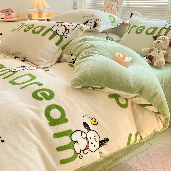 91家纺网 家纺一手货源 找家纺 2024新款A类AB版加厚保暖双面牛奶绒印花四件套--小清新系列 睡觉动物