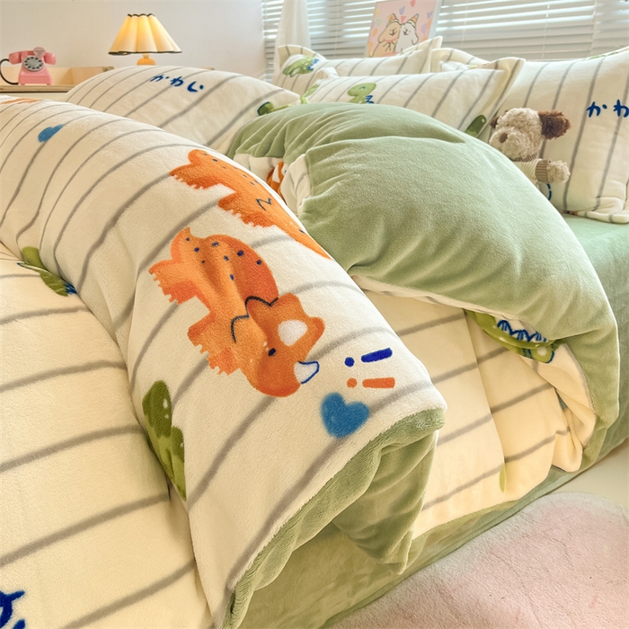 91家纺网 家纺一手货源 找家纺 2024新款A类AB版加厚保暖双面牛奶绒印花四件套--小清新系列 小龟