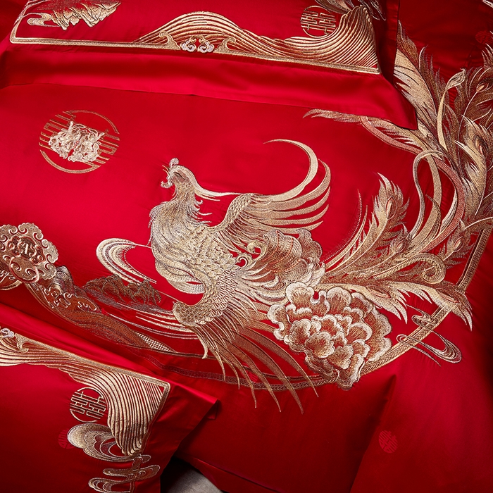 91家纺网 家纺一手货源 找家纺 2025新款长绒棉长绒棉贡缎提花款新中式古典韵味精美刺绣婚庆四件套多件套 金龙玉凤