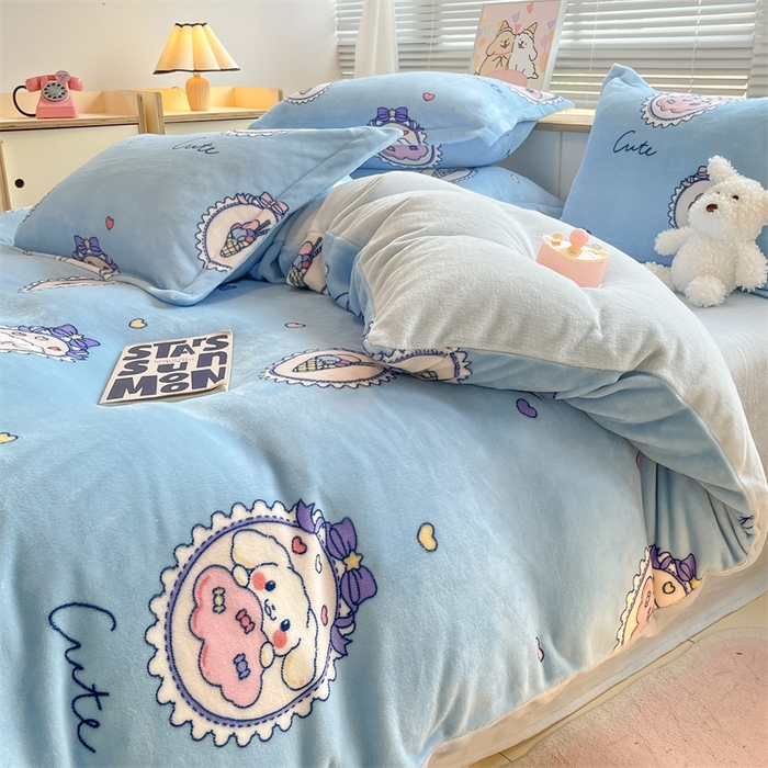 91家纺网 家纺一手货源 找家纺 2024新款A类AB版加厚保暖双面牛奶绒印花四件套--小清新系列 蓝底兔