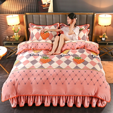 代芙家纺 7斤重牛奶绒金貂四件套抗静电法莱绒珊瑚绒床裙 草莓