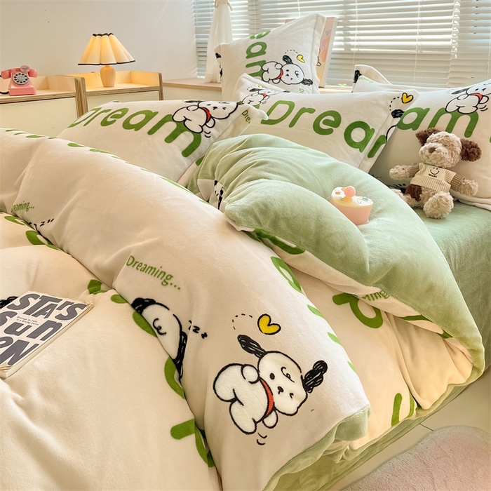 91家纺网 家纺一手货源 找家纺 2024新款A类AB版加厚保暖双面牛奶绒印花四件套--小清新系列 睡觉动物