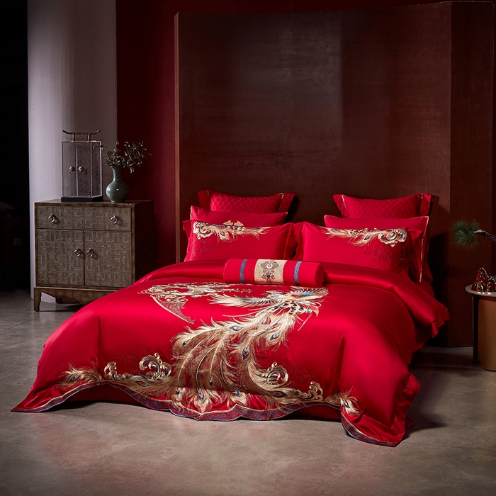 91家纺网 家纺一手货源 找家纺 2025新款长绒棉长绒棉贡缎提花款新中式古典韵味精美刺绣婚庆四件套多件套 龙腾凤跃