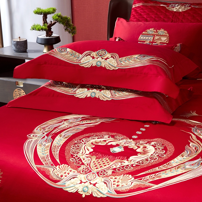 91家纺网 家纺一手货源 找家纺 2025新款长绒棉长绒棉贡缎提花款新中式古典韵味精美刺绣婚庆四件套多件套 喜满天下-