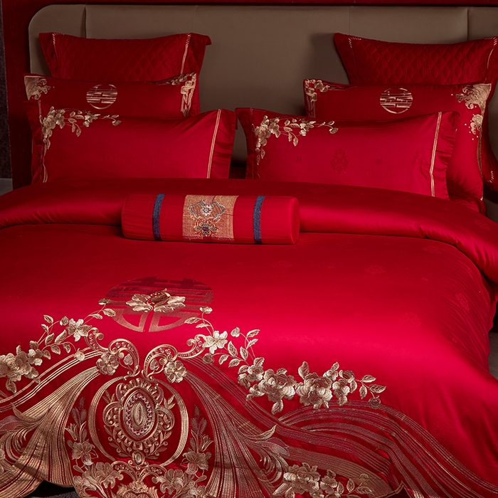 91家纺网 家纺一手货源 找家纺 2025新款长绒棉长绒棉贡缎提花款新中式古典韵味精美刺绣婚庆四件套多件套 牵手一生-金