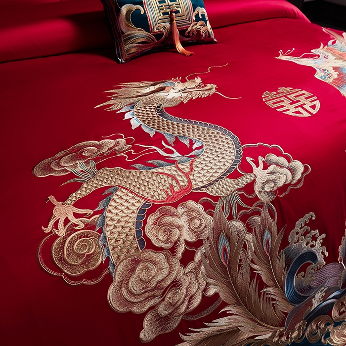 91家纺网 家纺一手货源 找家纺 2025新款长绒棉长绒棉贡缎提花款新中式古典韵味精美刺绣婚庆四件套多件套 龙凤吉祥