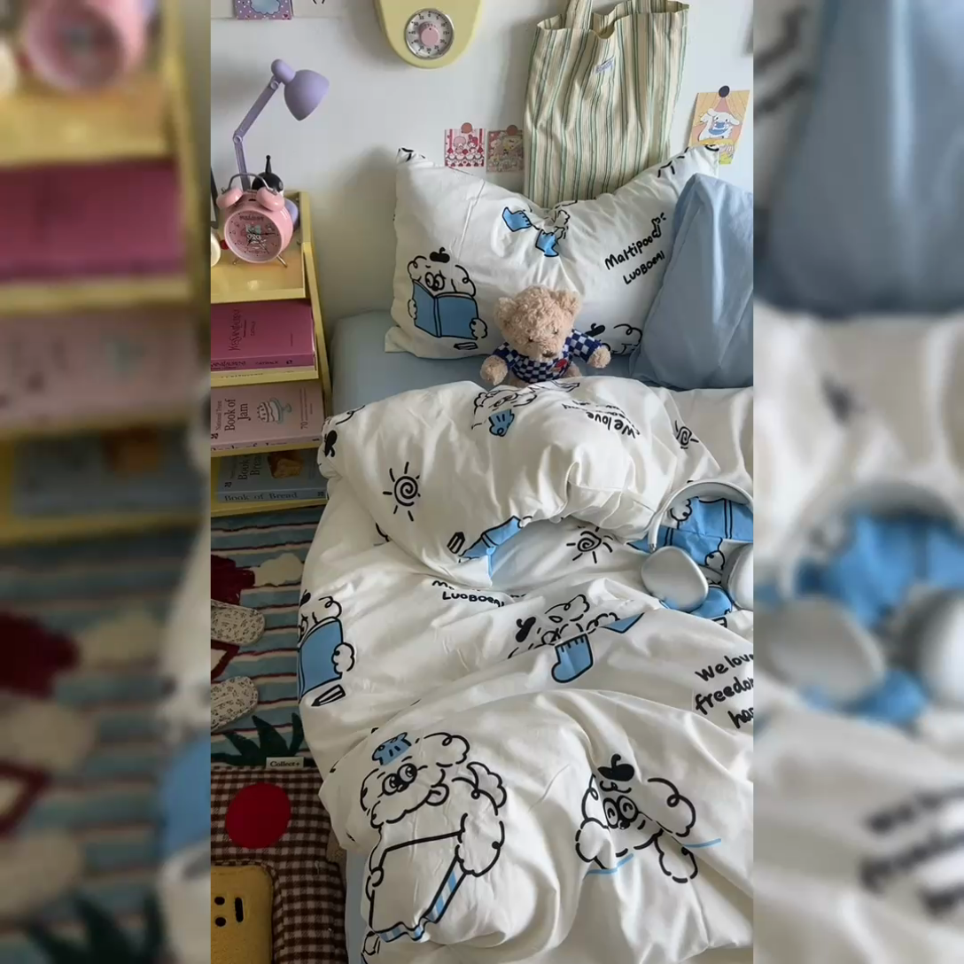 91家纺网 家纺一手货源 找家纺 原素 2024学生季专属A类水洗棉印花四件套 线条狗狗