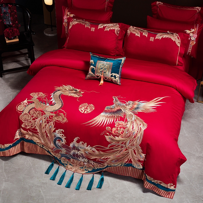 91家纺网 家纺一手货源 找家纺 2025新款长绒棉长绒棉贡缎提花款新中式古典韵味精美刺绣婚庆四件套多件套 龙凤吉祥