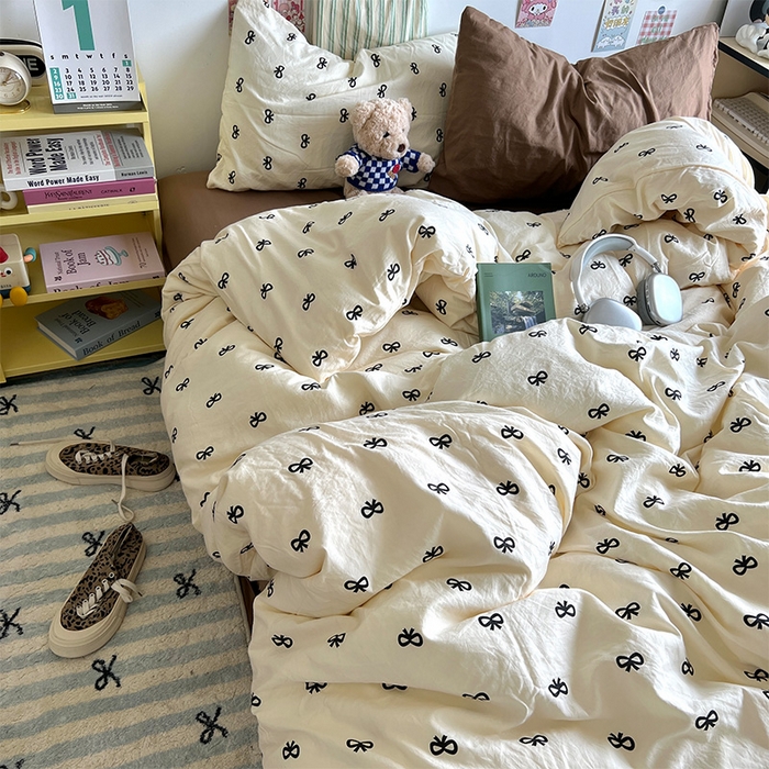 91家纺网 家纺一手货源 找家纺 原素 2024学生季专属A类水洗棉印花四件套 黑蝴蝶结