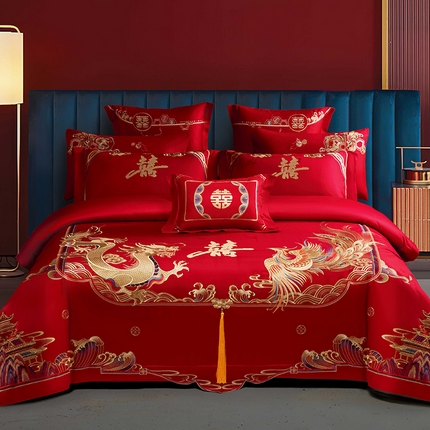 2025新款长绒棉长绒棉贡缎提花款新中式古典韵味精美刺绣婚庆四件套多件套 龙腾凤吉