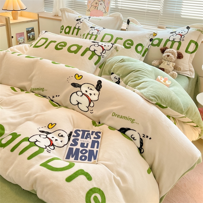 91家纺网 家纺一手货源 找家纺 2024新款A类AB版加厚保暖双面牛奶绒印花四件套--小清新系列 睡觉动物