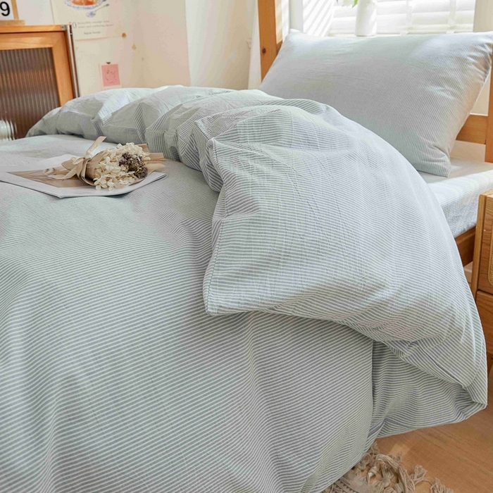 91家纺网 家纺一手货源 找家纺 韩约家纺 2024新款全棉水洗棉三四件套 米条-雾蓝