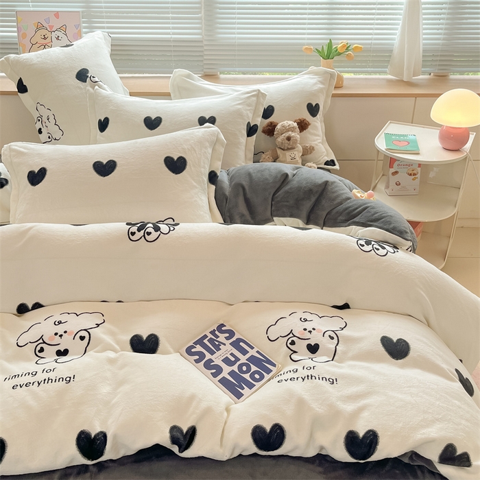 91家纺网 家纺一手货源 找家纺 2024新款A类AB版加厚保暖双面牛奶绒印花四件套--小清新系列 暖心小狗