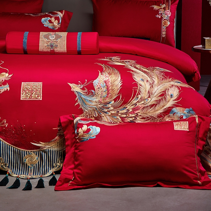 91家纺网 家纺一手货源 找家纺 2025新款长绒棉长绒棉贡缎提花款新中式古典韵味精美刺绣婚庆四件套多件套 龙凤喜缘