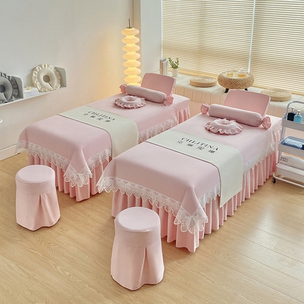 91家纺网 家纺一手货源 找家纺 诗薇娅 2024新款棉麻蕾丝款美容床罩四件套 樱花粉