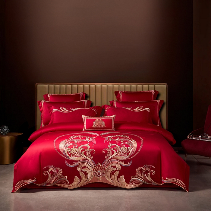 91家纺网 家纺一手货源 找家纺 2025新款长绒棉长绒棉贡缎提花款新中式古典韵味精美刺绣婚庆四件套多件套 永结同心