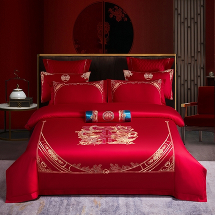 91家纺网 家纺一手货源 找家纺 2025新款40s全棉长绒棉新中式刺绣婚庆四件套多件套 龙凤佳喜