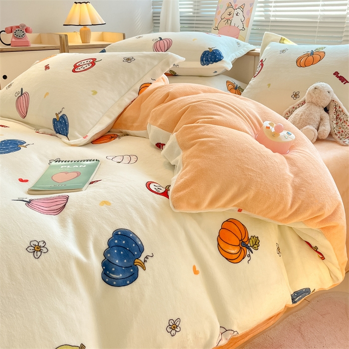 91家纺网 家纺一手货源 找家纺 2024新款A类AB版加厚保暖双面牛奶绒印花四件套--小清新系列 彩色南瓜