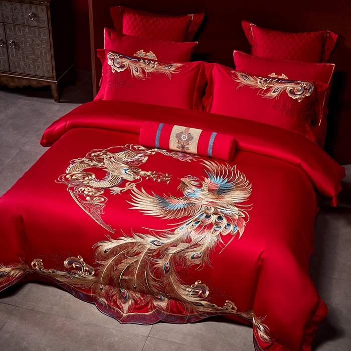 91家纺网 家纺一手货源 找家纺 2025新款长绒棉长绒棉贡缎提花款新中式古典韵味精美刺绣婚庆四件套多件套 龙腾凤跃