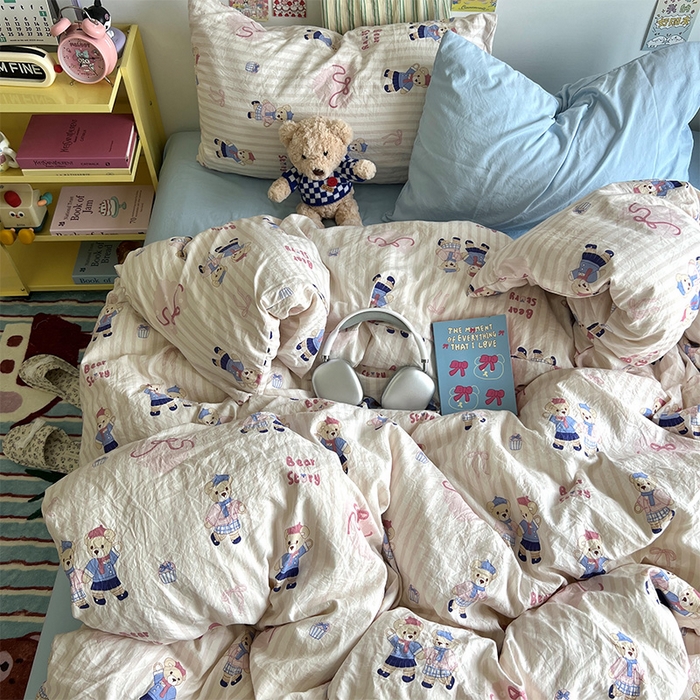 91家纺网 家纺一手货源 找家纺 原素 2024学生季专属A类水洗棉印花四件套 熊熊好朋友