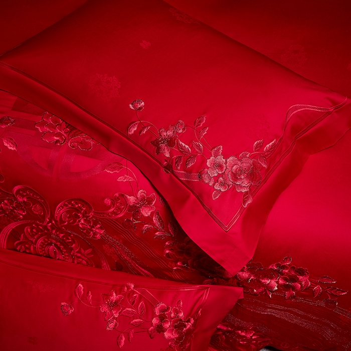 91家纺网 家纺一手货源 找家纺 2025新款长绒棉长绒棉贡缎提花款新中式古典韵味精美刺绣婚庆四件套多件套 牵手一生-红