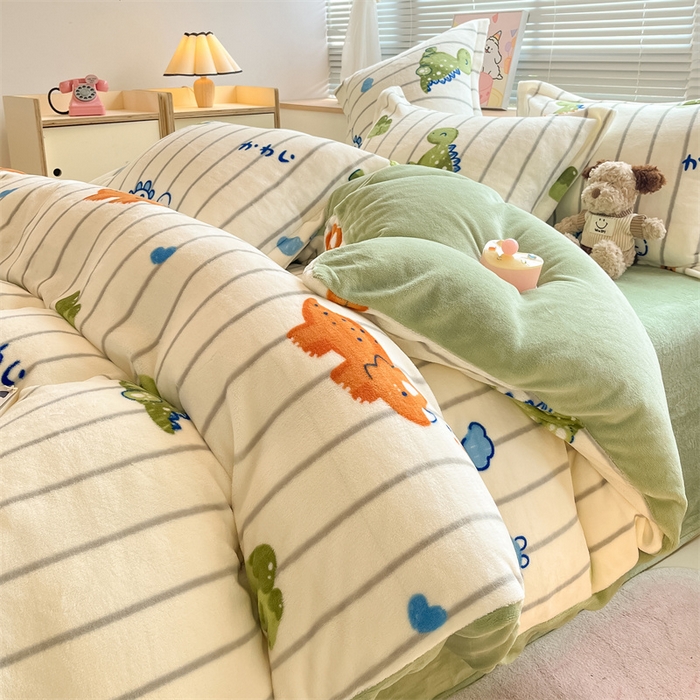 91家纺网 家纺一手货源 找家纺 2024新款A类AB版加厚保暖双面牛奶绒印花四件套--小清新系列 小龟