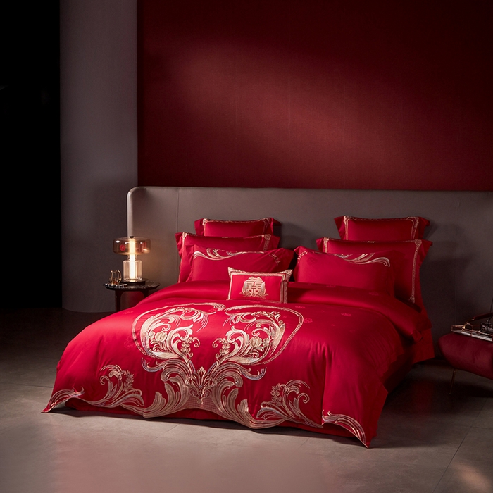 91家纺网 家纺一手货源 找家纺 2025新款长绒棉长绒棉贡缎提花款新中式古典韵味精美刺绣婚庆四件套多件套 永结同心