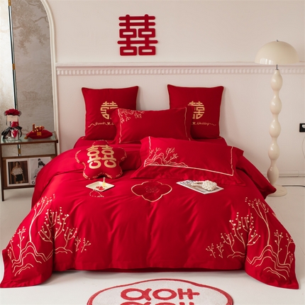 91家纺网 家纺一手货源 找家纺 甜咪咪婚庆 2024新品婚庆结婚刺绣新中式全棉四件套多件套 缘定今生