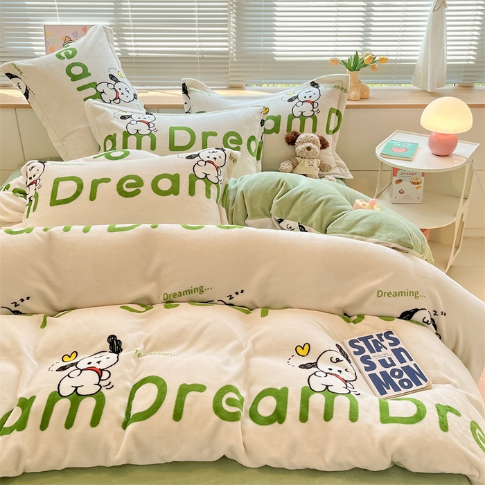 91家纺网 家纺一手货源 找家纺 2024新款A类AB版加厚保暖双面牛奶绒印花四件套--小清新系列 睡觉动物