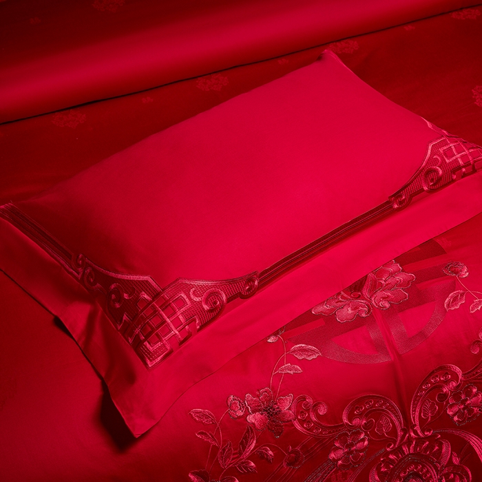 91家纺网 家纺一手货源 找家纺 2025新款长绒棉长绒棉贡缎提花款新中式古典韵味精美刺绣婚庆四件套多件套 牵手一生-红
