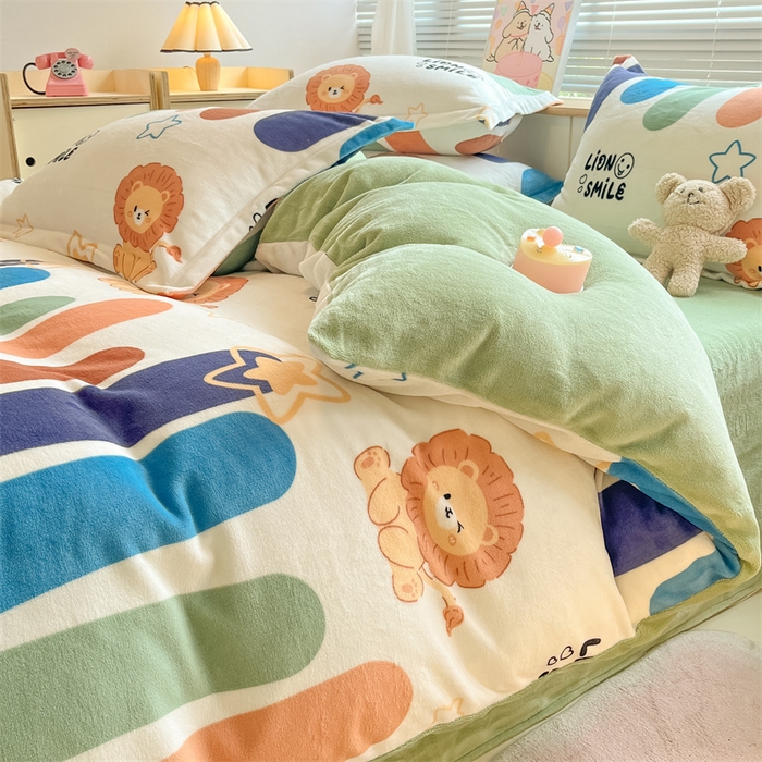 91家纺网 家纺一手货源 找家纺 2024新款A类AB版加厚保暖双面牛奶绒印花四件套--小清新系列 雪糕狮子