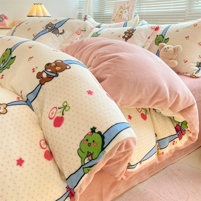 91家纺网 家纺一手货源 找家纺 2024新款A类AB版加厚保暖双面牛奶绒印花四件套--小清新系列 动物线条